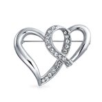 Romantic Large Statement Crystal Double Heart Brooch Scarf Pin Silver Plated
