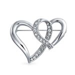 Romantic Large Statement Crystal Double Heart Brooch Scarf Pin Silver Plated
