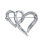 Romantic Large Statement Crystal Double Heart Brooch Scarf Pin Silver Plated - Image 2