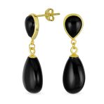 Classic Gemstone Dangle Earrings Black Onyx & Green Jade in 14K Gold Overlay - Image 2
