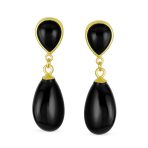 Classic Gemstone Dangle Earrings Black Onyx & Green Jade in 14K Gold Overlay - Image 6