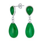 Classic Gemstone Dangle Earrings Black Onyx & Green Jade in 14K Gold Overlay - Image 3