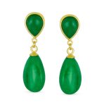 Classic Gemstone Dangle Earrings Black Onyx & Green Jade in 14K Gold Overlay - Image 5