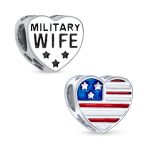 Heart Shape USA Flag Military Wife Charm Bead Sterling Silver Fits European Bracelet