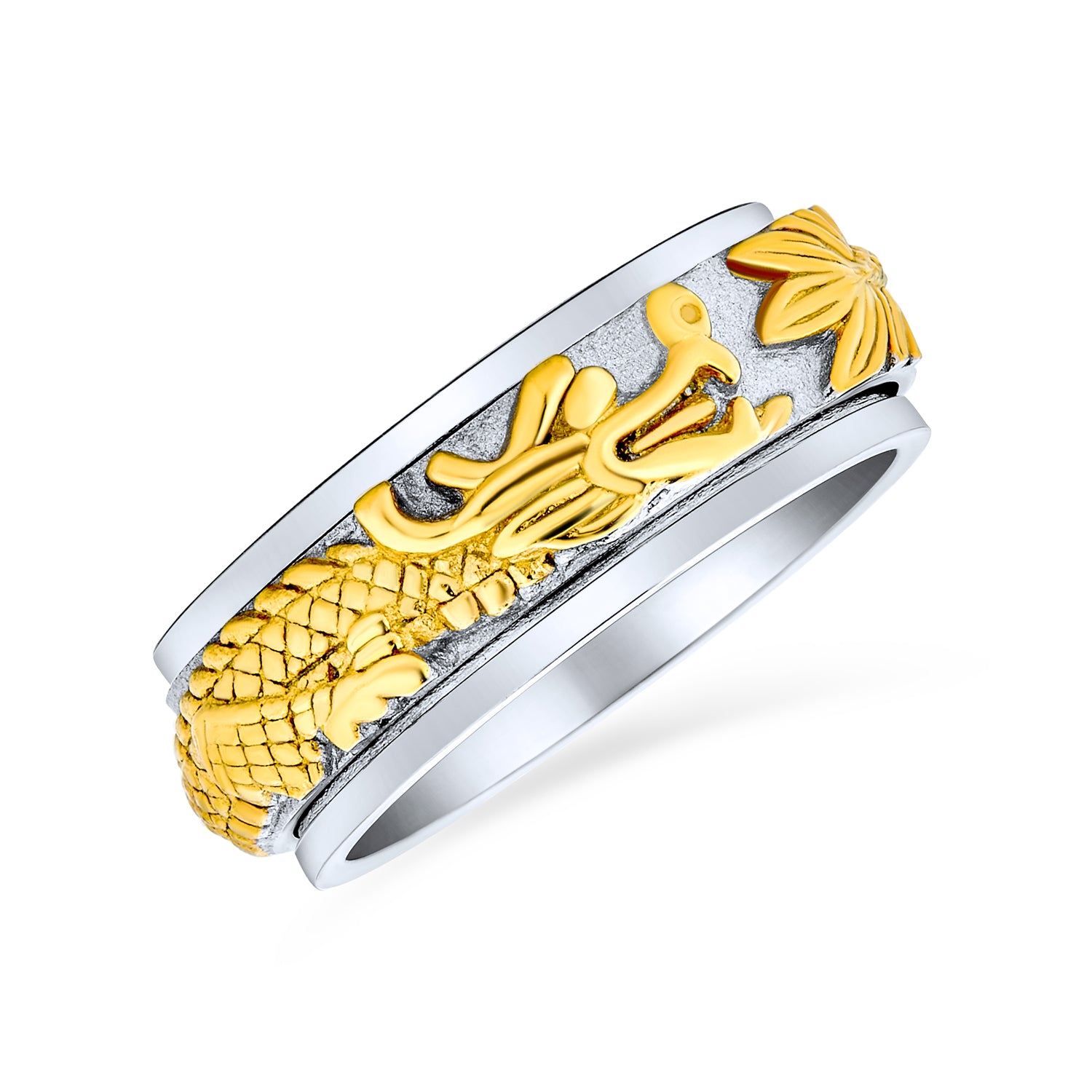 dragon-gold-silver-thick-wide-men-band-ring-spin-fidget-spinner-fj-spndrgn-az_2 Two Tone Titanium Wedding Band Ring with Gold Silver Dragon Design for Men - Image 1