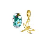 Set of 2 Dragonfly Gold Plated Dangle & Teal Bee Flower Glass Silver Charm Bead