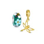Set of 2 Dragonfly Gold Plated Dangle & Teal Bee Flower Glass Silver Charm Bead