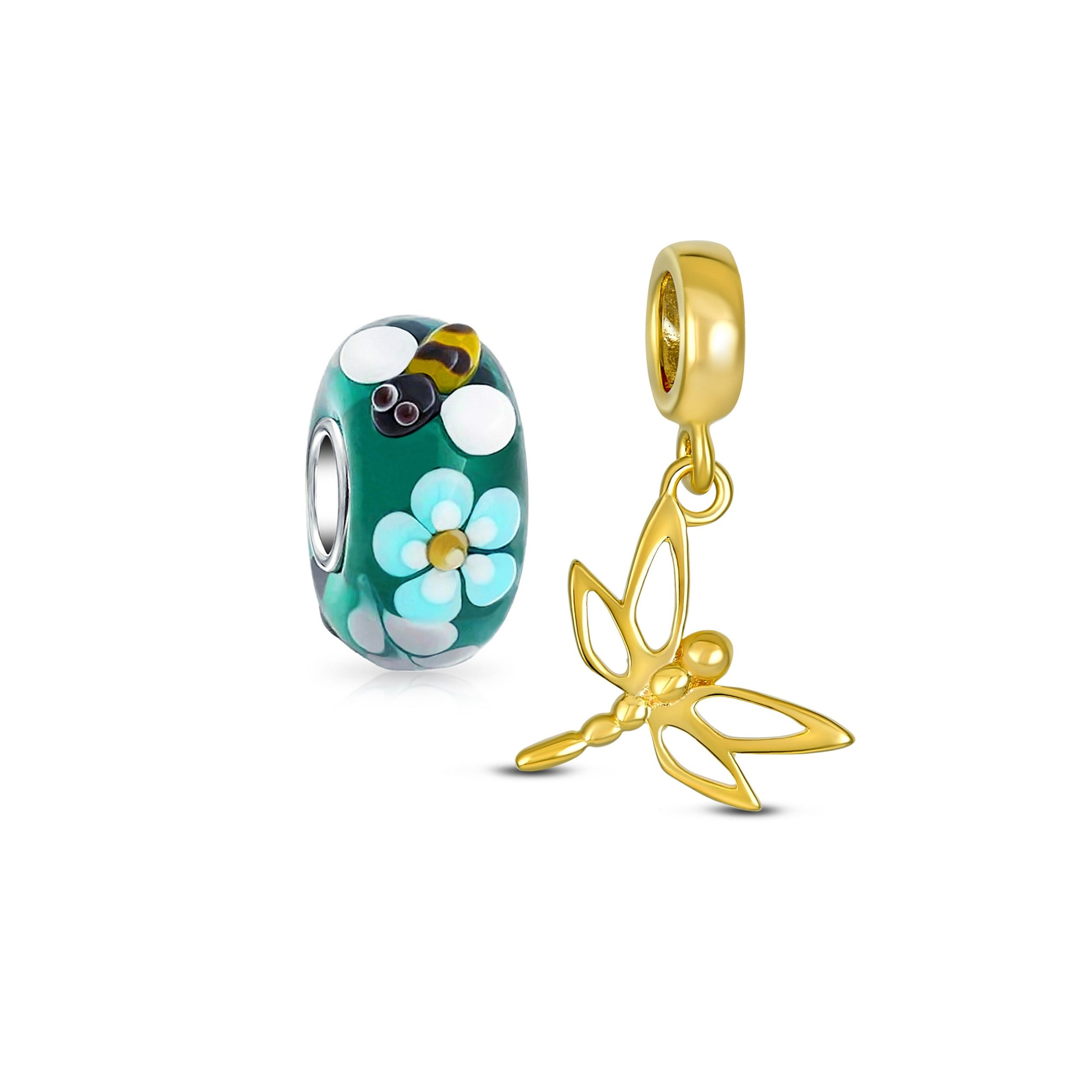 dragonfly-butterfly-gold-charm-pbx-hts-186-set-az Set of 2 Dragonfly Gold Plated Dangle & Teal Bee Flower Glass Silver Charm Bead - Image 1
