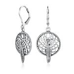Native American Style Dream Catcher Feather Leaf Dangle Earrings .925 Sterling Silver