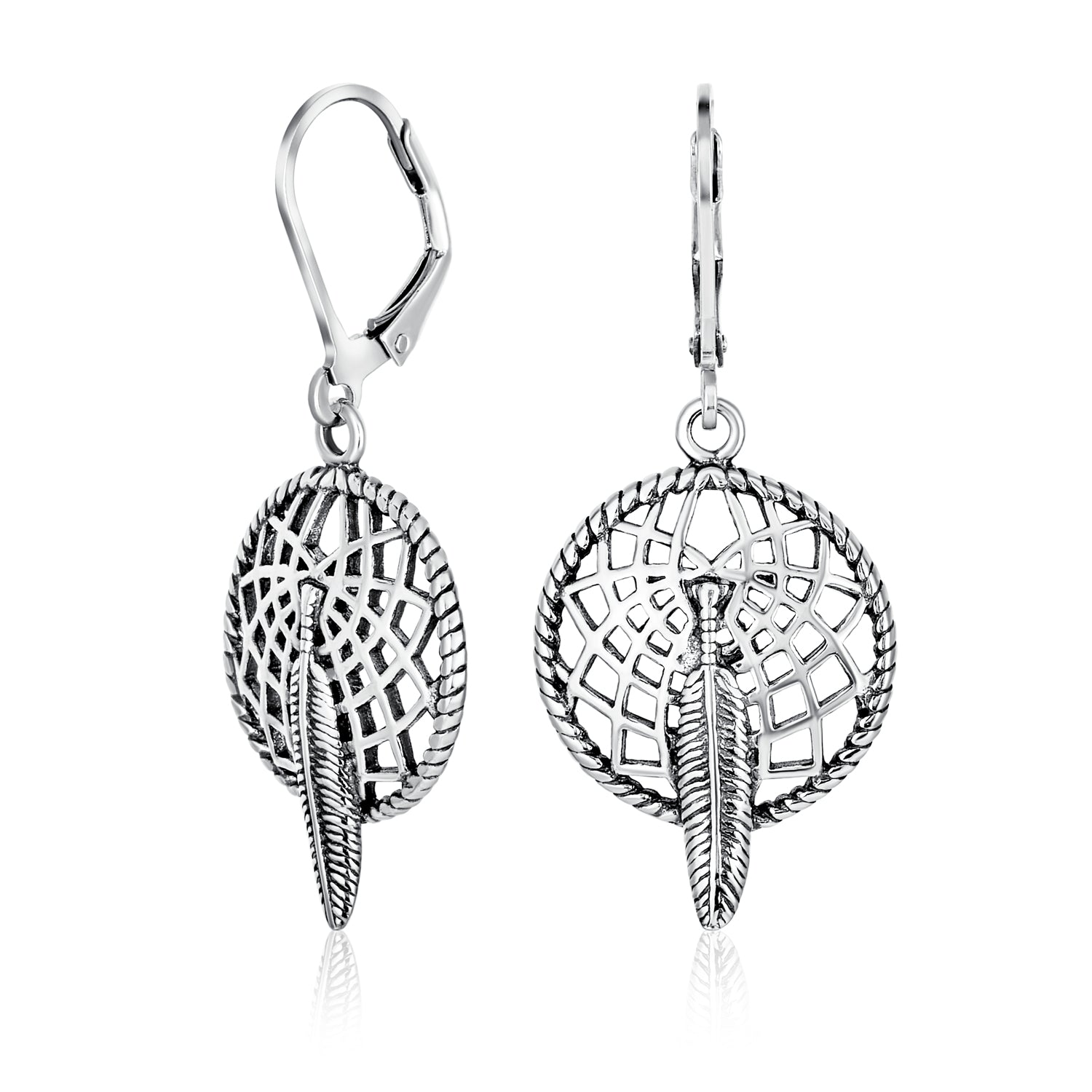dream-catcher-earrings-dangle-leverback_ps-ter00230_1 Native American Style Dream Catcher Feather Leaf Dangle Earrings .925 Sterling Silver - Image 1