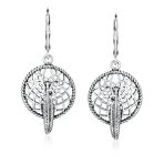 Native American Style Dream Catcher Feather Leaf Dangle Earrings .925 Sterling Silver - Image 2