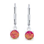 Simple Solitaire Pink Created Opal Dangle Gemstone Earrings in Sterling Silver - Image 2