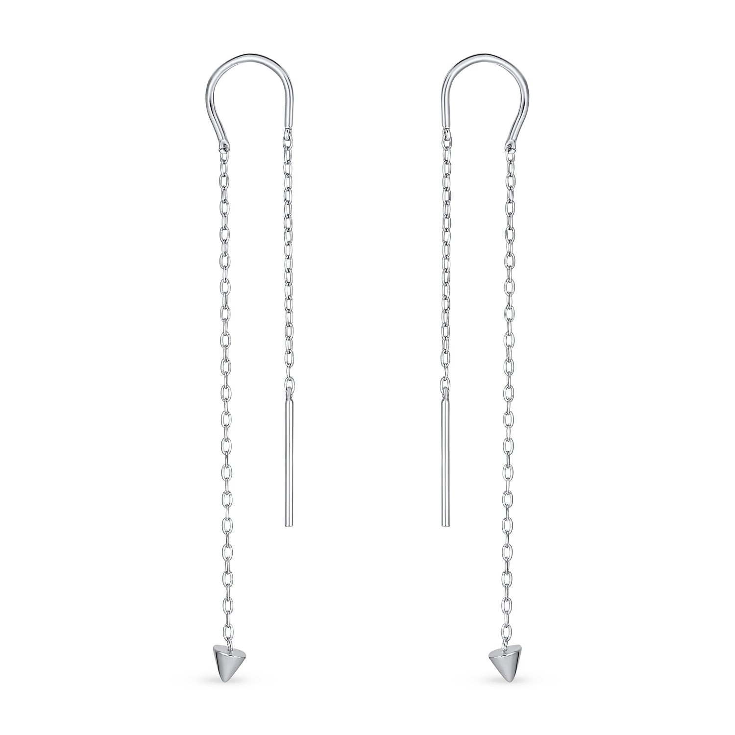 earings-silver-spike-long-chain_pfs-12-6059 Minimalist Tiny Arrow Chain Threader Earrings 14K Gold Plated .925 Sterling Silver - Image 1