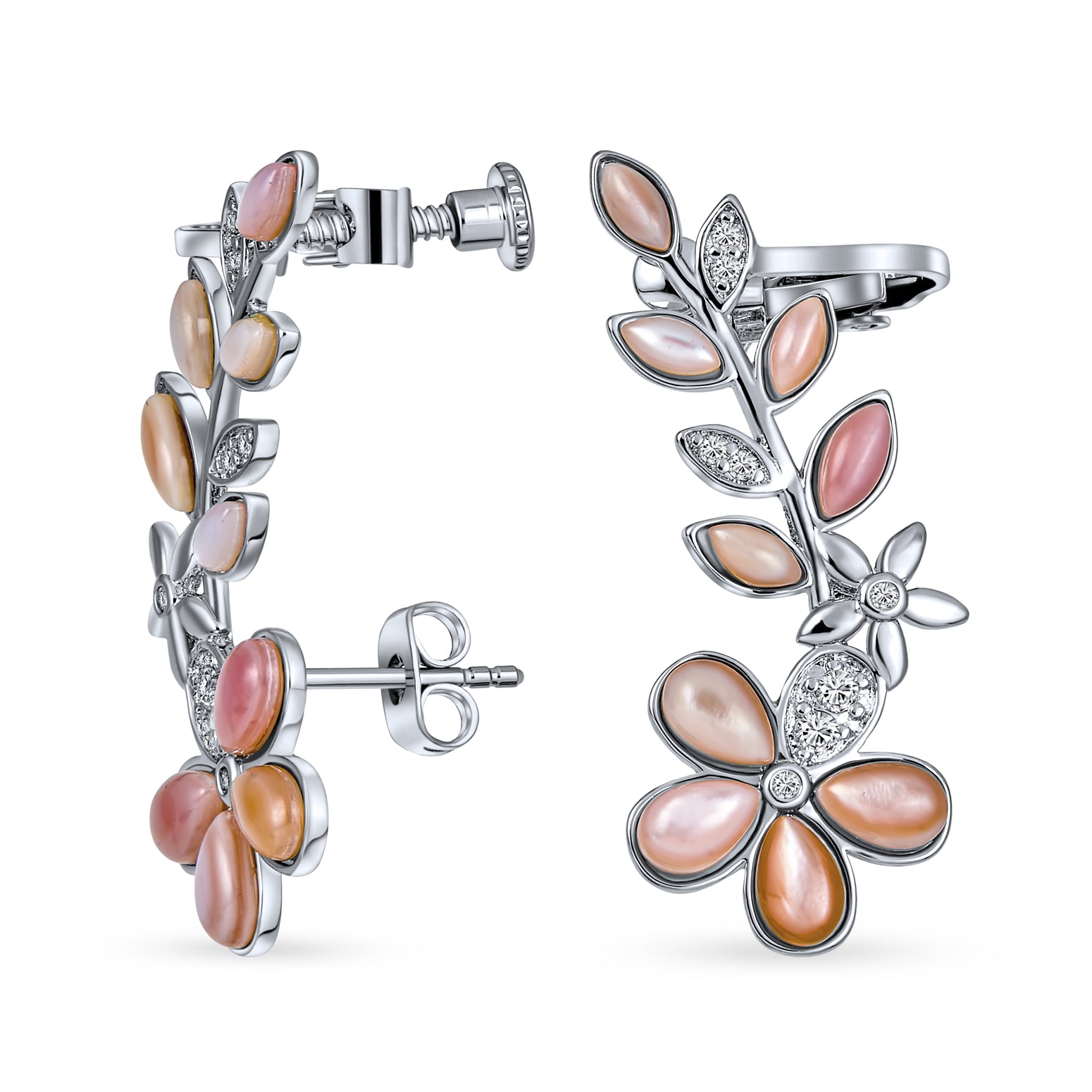 earring-cuff-clipon-flower-cz_hsh-hse09213-az_1 Mop Mother Of Pearl Pink Flower Crawler Cartilage Earrings Clip Back For Pierced Ears - Image 1