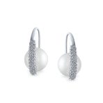 Bridal White Pearl Dangle Chandelier Earrings with CZ Pave and Silver Plating - Image 2