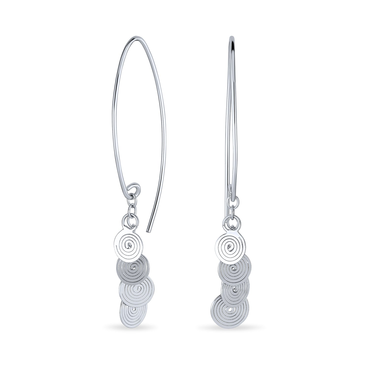 earring-silver-dangle-spiral-disc-pmr-e10903_1 Boho Bali Style Geometric Dangle Earrings with Swirling Disc Sequin Silver - Image 1