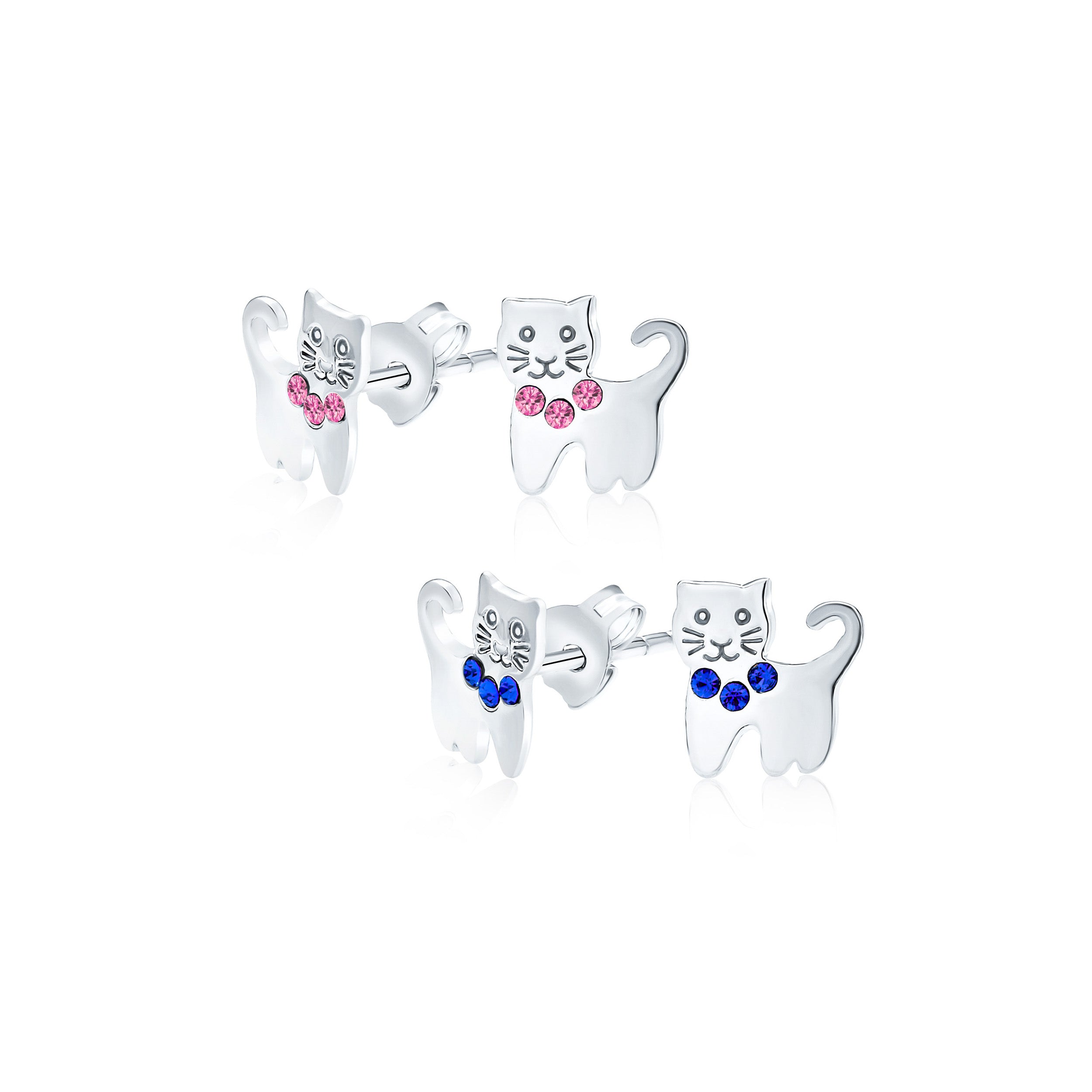 earring-stud-car-cz-pink-pmr-s21314-set-az Set of 2 Mini Petite Blue Pink Crystal Cat Stud Earrings in Sterling Silver - Image 1