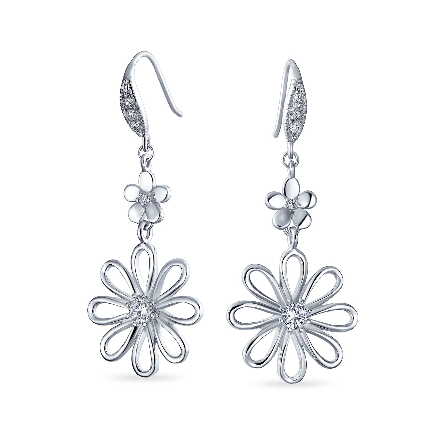 earrings-bridal-flower-silver-dangle_unv-e2535-az_1 Floral Garden Wedding Canary Yellow CZ Daisy Dangle Chandelier Earrings Silver - Image 1