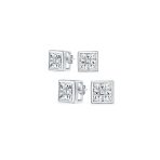 Set of 2 Square Black Clear Cubic Zirconia Stud Earrings Silver 5MM & 6MM