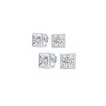 Set of 2 Square Black Clear Cubic Zirconia Stud Earrings Silver 5MM & 6MM