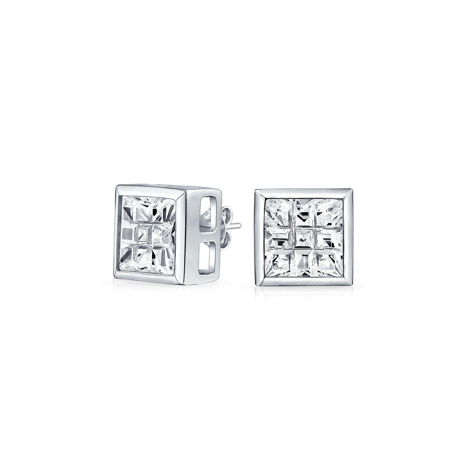 earrings-checkboard-silver-stud-invisible_dk-9sb-5-az_1 Geometric Round Square CZ Stud Earrings Bezel Set Sterling Silver 5-10 MM - Image 1