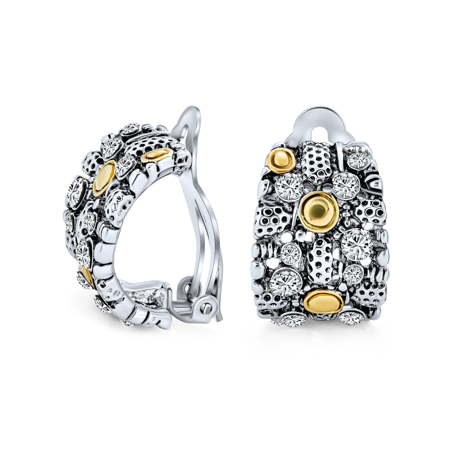 earrings-clipon-art-deco-two-tone_ag-se9205at_1 Tri Tone Steampunk Half Hoop Clip-On Earrings Non-Pierced Ears Silver & Gold - Image 1
