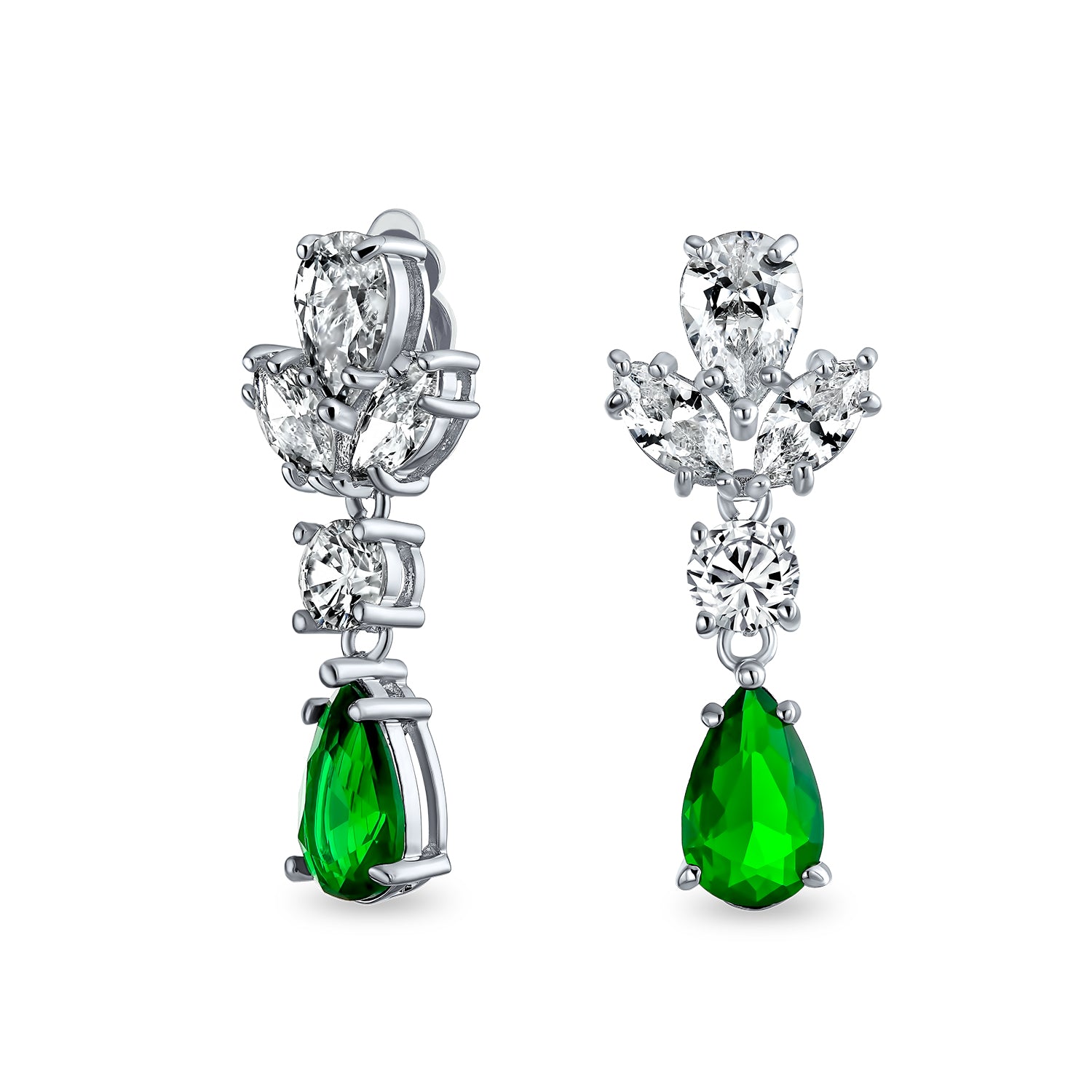 earrings-emerald-cz-leaf-dangle_my-e5774cgr-az_1 Vintage Art Deco Blue Aquamarine CZ Chandelier Clip-On Earrings Silver Plated - Image 1