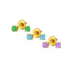 Set of 3 Tiny Blue Red Pink CZ Stud Earrings Gold Plated Sterling Silver - Image 5