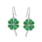 Green Shamrock Lucky Four Leaf Clover Dangle Earrings .925 Silver Fish Hook - Image 2