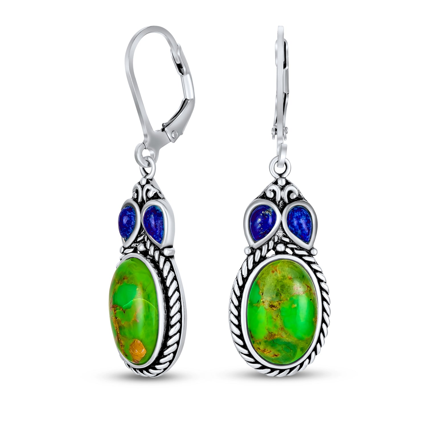 earrings-green-turquoise-lapis-dangle_nk-e-0831_1 Southwestern Dangle Gemstone Earrings with Green Turquoise in Sterling Silver - Image 1