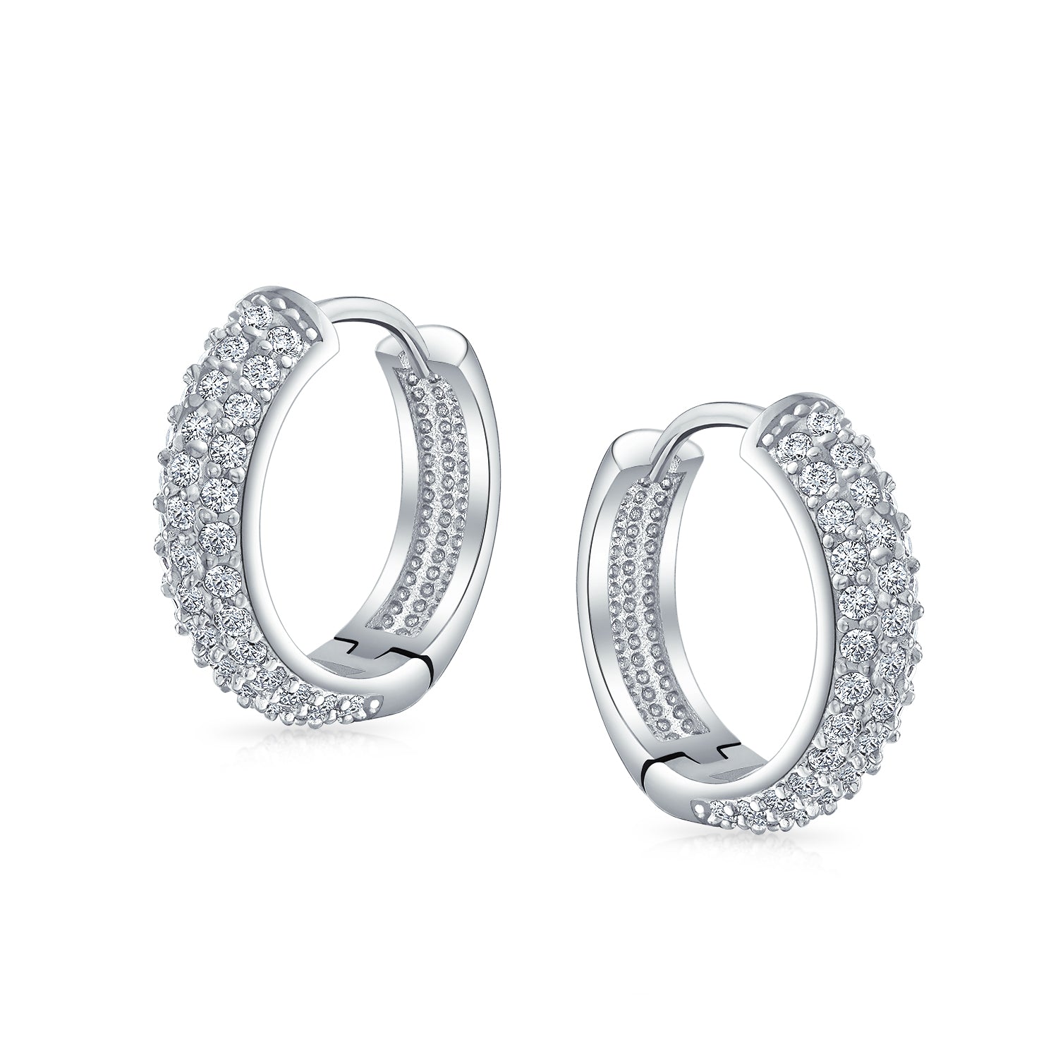 earrings-hoop-three-row-cz_lm-e1974r-az_1 Fancy Wide 3 Row Cubic Zirconia CZ Cocktail Hoop Earrings Black Rose Gold Plated - Image 1