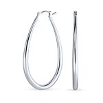 Large Oval Tube Hoop Earrings 2 Inch .925 Sterling Silver Snap Hinged Post