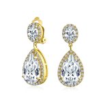 Large Teardrop Pave CZ Halo Statement Dangle Clip On Earrings Gold Plated