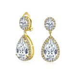 Large Teardrop Pave CZ Halo Statement Dangle Clip On Earrings Gold Plated