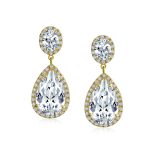 Large Teardrop Pave CZ Halo Statement Dangle Clip On Earrings Gold Plated - Image 4