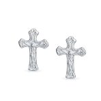 Religious Gift Small Crucifix Cross Stud Earrings .925 Sterling Silver - Image 2