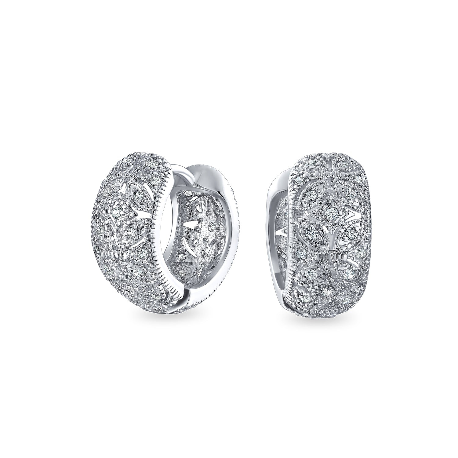 earrings-silver-filigree-hoop-flower_v-e15296-az_1 Victorian Style CZ Accent Wide Filigree Flower Huggie Mini Hoop Earrings Gold Plated - Image 1