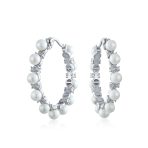 Bridal Statement White Simulated Pearl CZ Hoop Earrings Silver Plated 1.25 Inch
