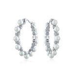 Bridal Statement White Simulated Pearl CZ Hoop Earrings Silver Plated 1.25 Inch