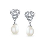 Bridal Love Knot Pearl Teardrop Dangle Earrings for Prom in Sterling Silver - Image 2