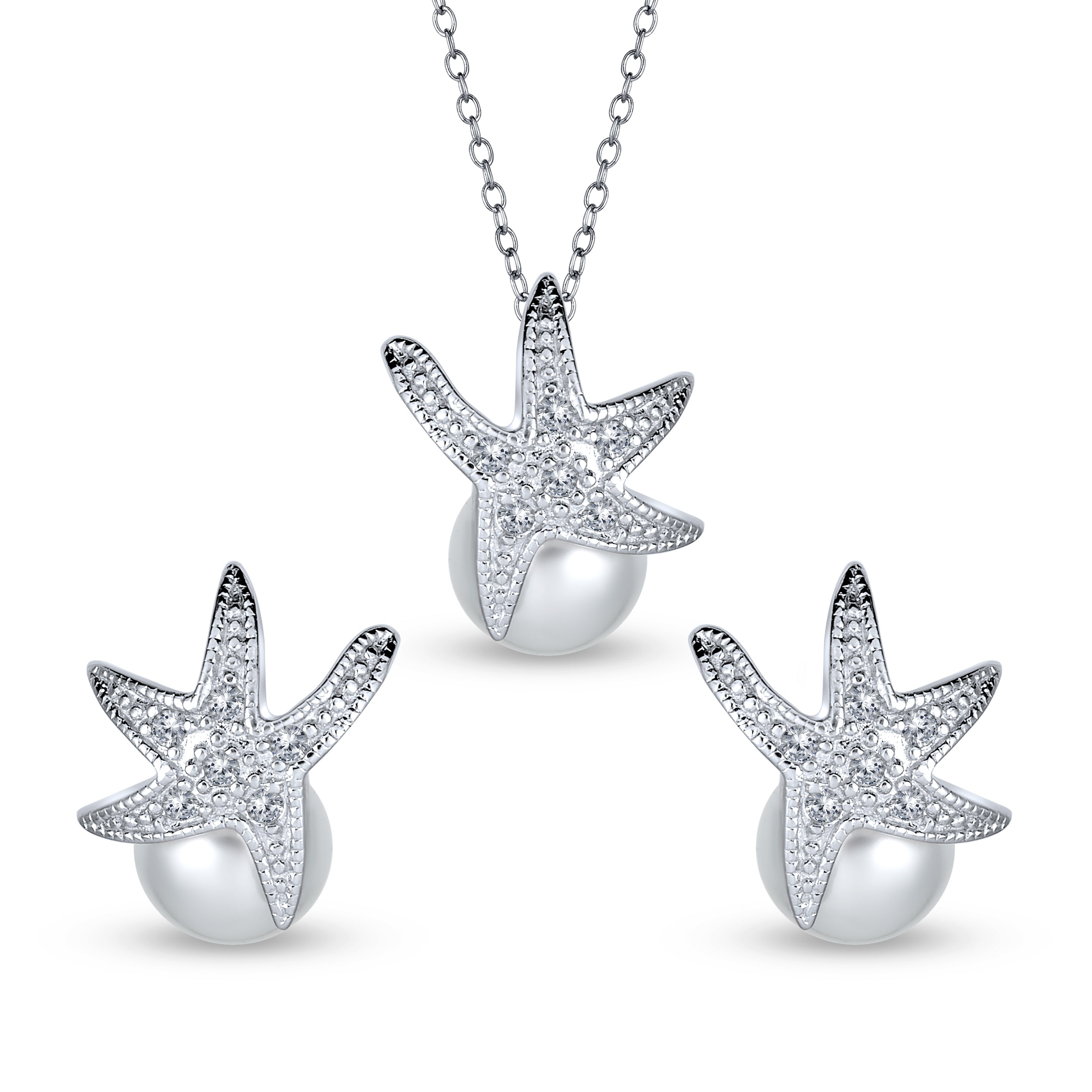 earrings-silver-studs-starfish-pearl_pk-qg22-pl_3 Nautical Simulated Pearl Pendant Necklace Earrings Set - Image 1