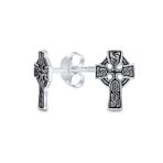 Religious Celtic Knot Cross Stud Earrings in Oxidized Sterling Silver for Men