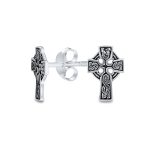 Religious Celtic Knot Cross Stud Earrings in Oxidized Sterling Silver for Men