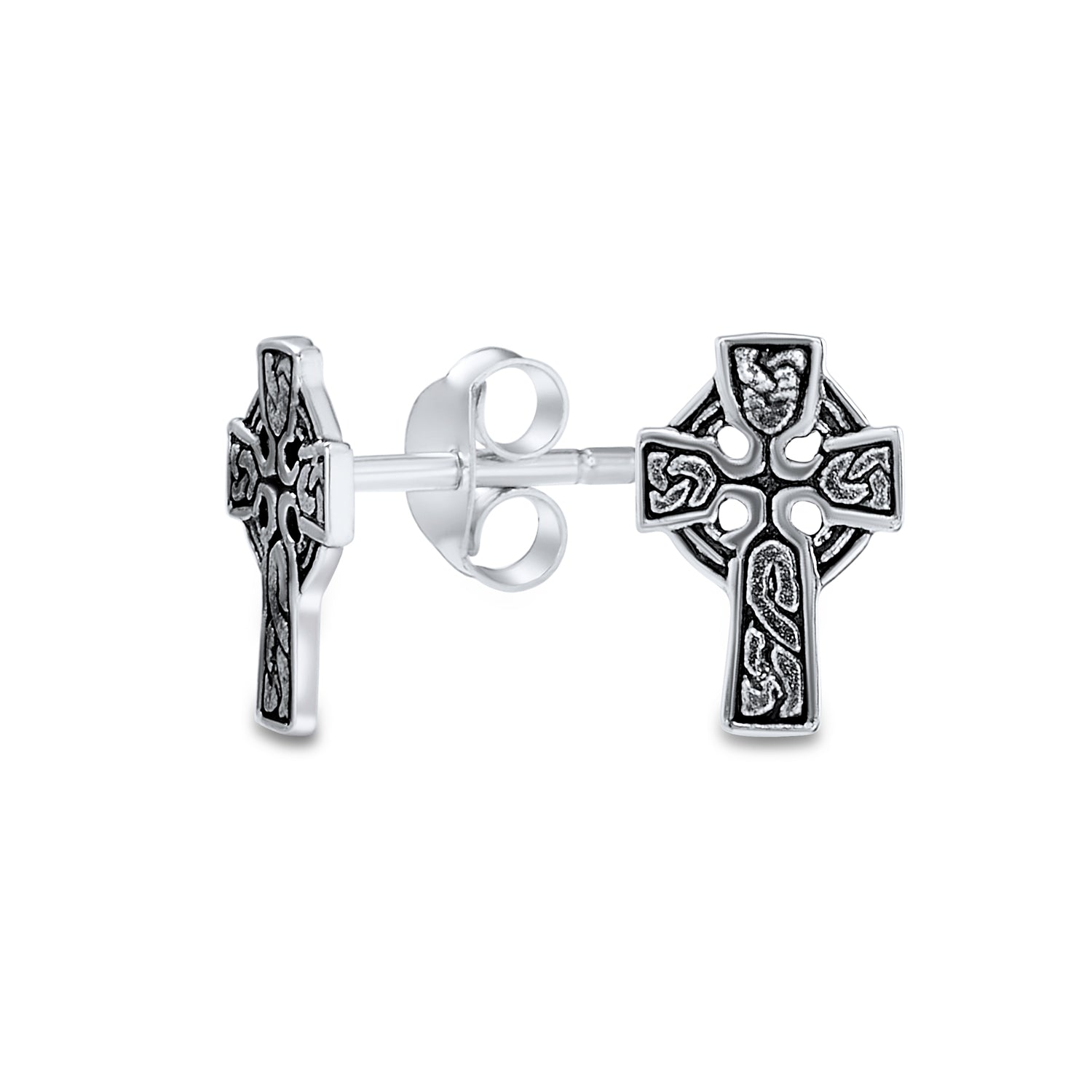 earrings-stud-celtic-knot-irish_ps-ter308_1 Religious Celtic Knot Cross Stud Earrings in Oxidized Sterling Silver for Men - Image 1