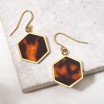 Hexagon Brown Tortoise Shell Dangle Earrings 14K Gold Plated Stainless Steel - Image 5