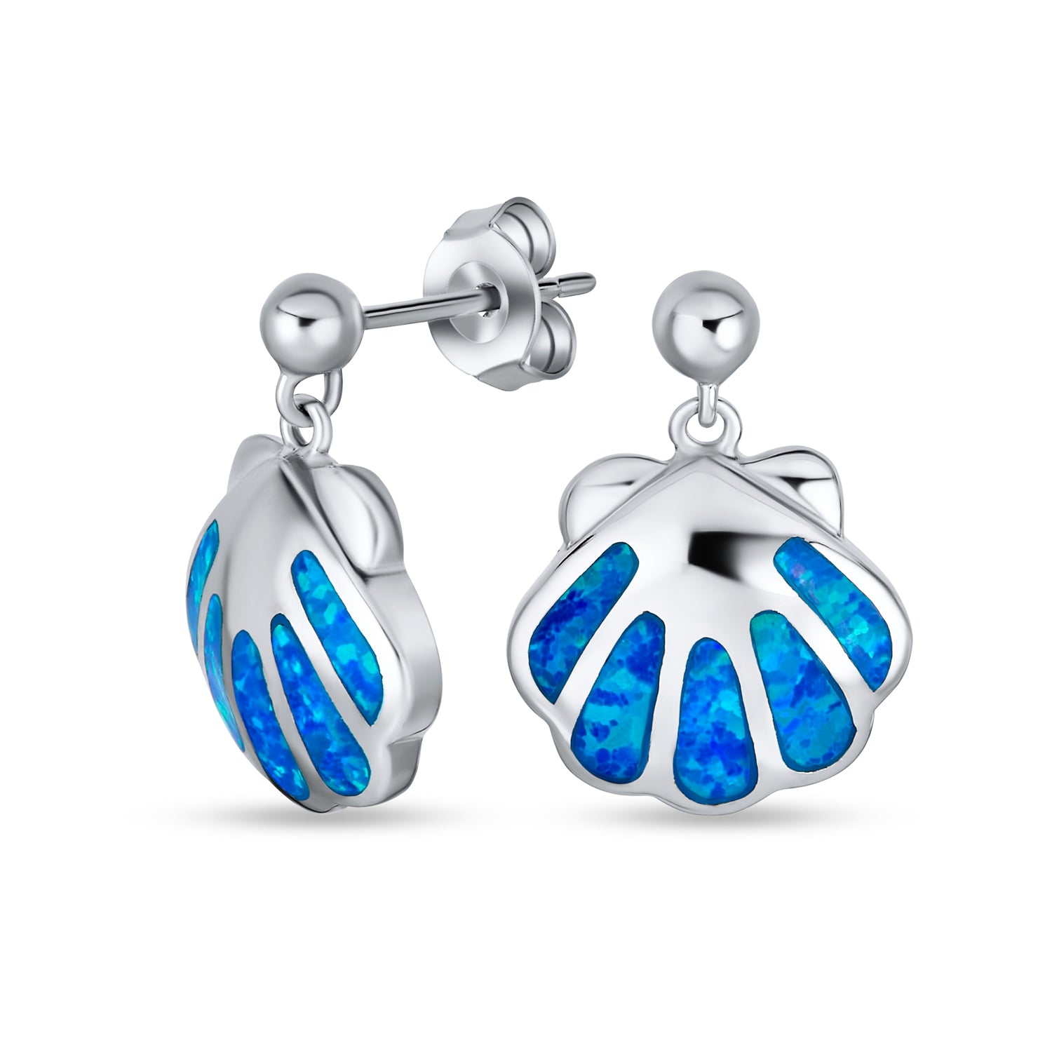 earrins-clam-shell-blue-opal_xny-e592_1 Created Blue Opal Dangle Gemstone Earrings Nautical Beach Clam Sterling Silver - Image 1