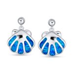 Created Blue Opal Dangle Gemstone Earrings Nautical Beach Clam Sterling Silver - Image 2