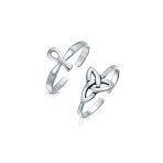 Set of 2 Egyptian Ankh Cross and Celtic Trinity Knot Midi Toe Ring Silver