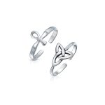 Set of 2 Egyptian Ankh Cross and Celtic Trinity Knot Midi Toe Ring Silver