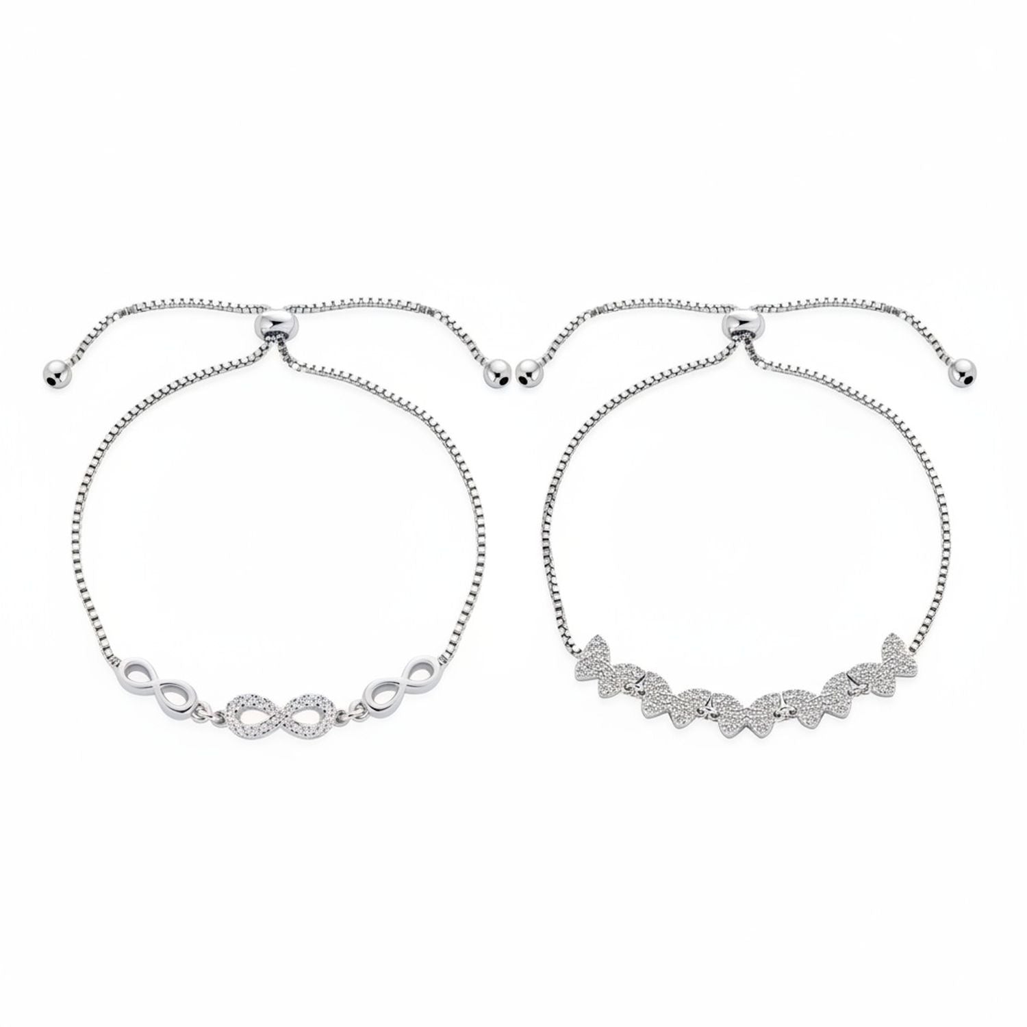 elegant-micro-pave-classic-cz-butterfly-combo-bracelet-hsh-hsb04703-set-az Set of 2 Butterfly & Love Knot CZ Bolo Bracelet Set Sterling Silver Adjustable - Image 1